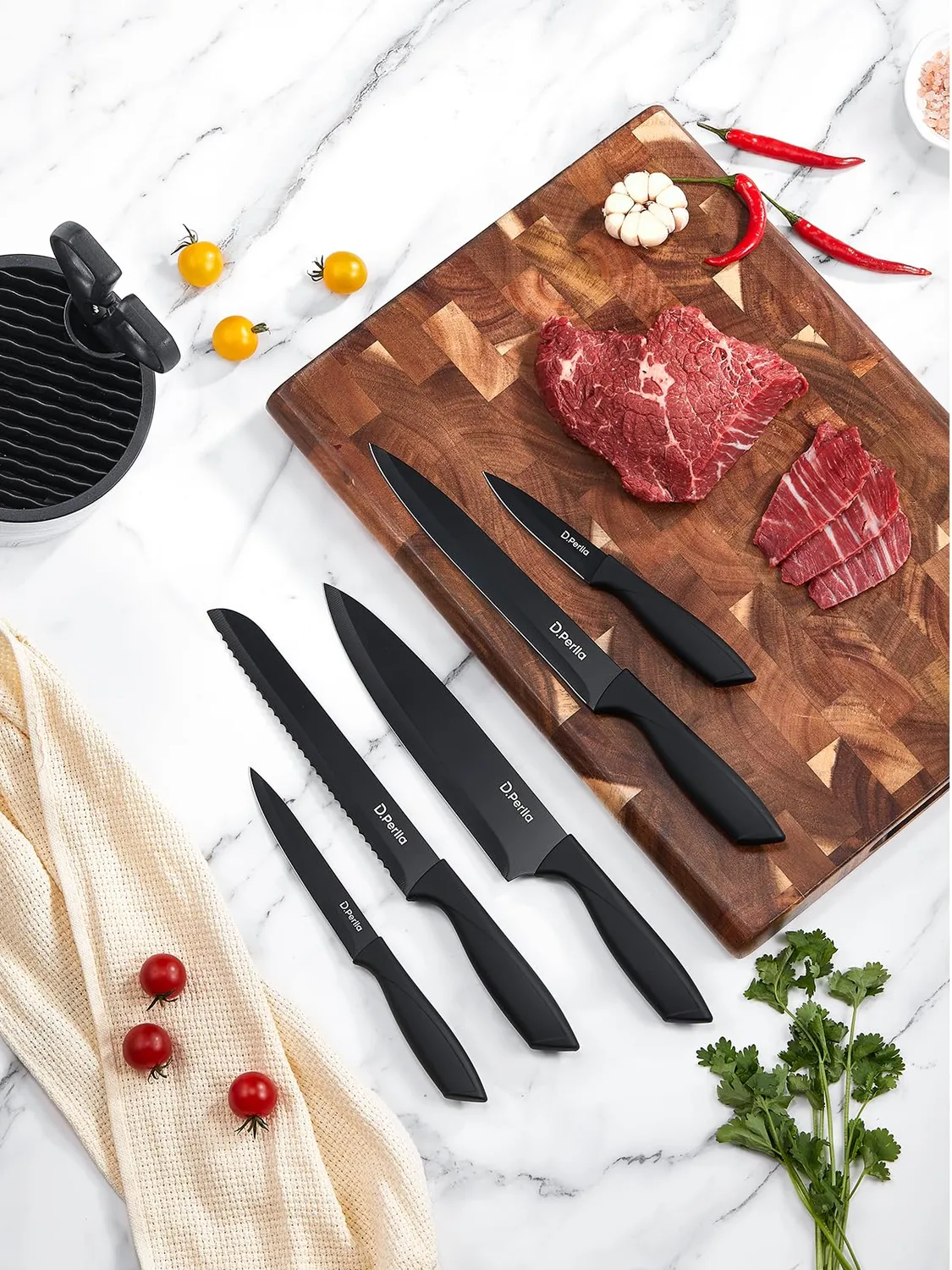 D.Perlla set coltelli cucina 7 pezzi nero acciaio inox