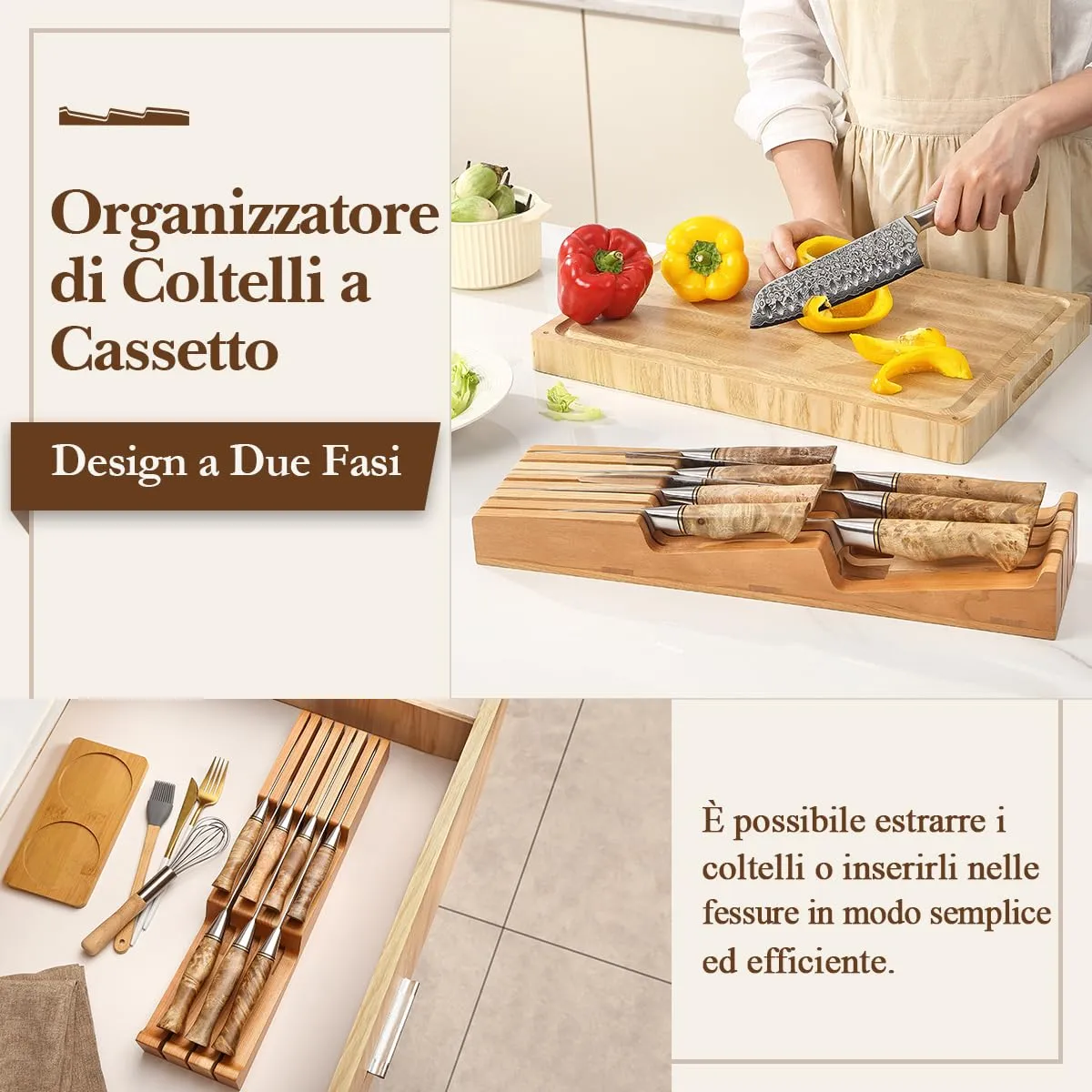 HEZHEN Portacoltelli Cassetto Legno Ciliegio 7 Posti