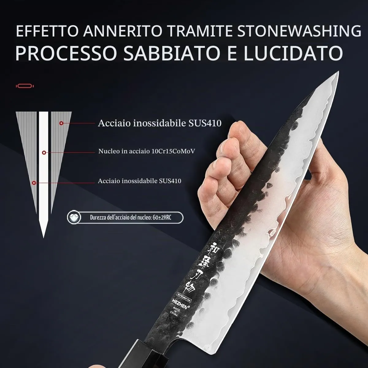 Hezhen Retro coltello da chef con fodero acciaio carbonio