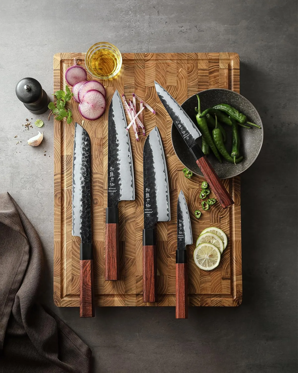 Hezhen set coltelli cucina 5 pezzi manico ottagonale damasco