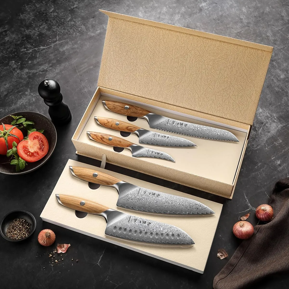 HEZHEN Damasco Set Coltelli Cucina 5 Pezzi Ulivo