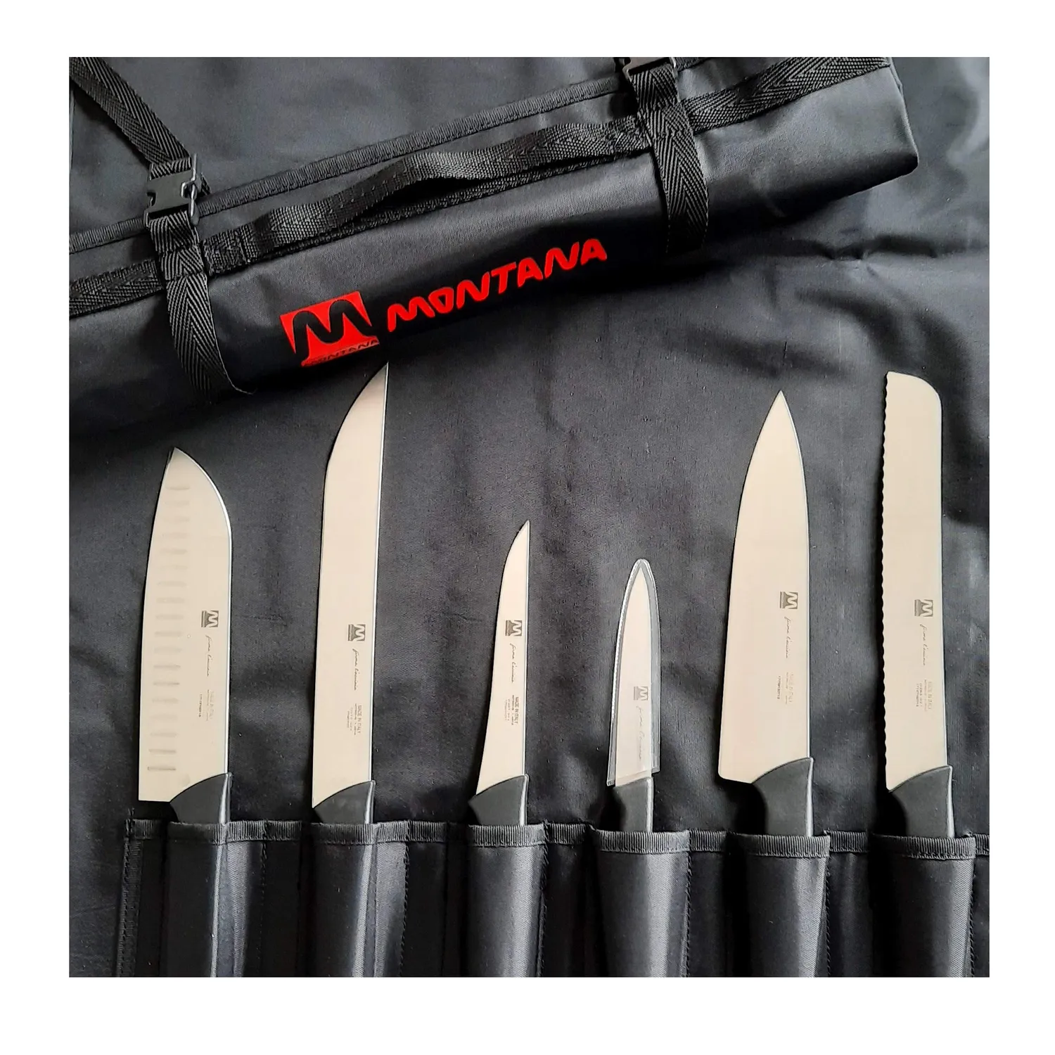 Montana Blu Optima Set Coltelli Cucina 6 Pezzi con Rotolo Acciaio
