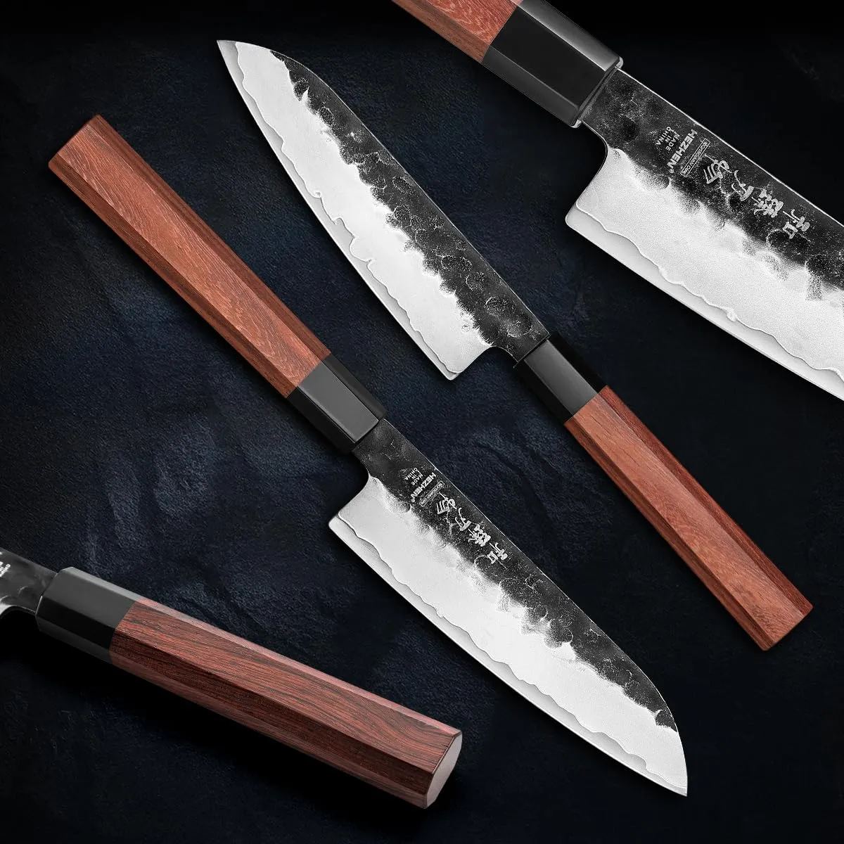 Hezhen Santoku coltello giapponese 14 cm stone wash