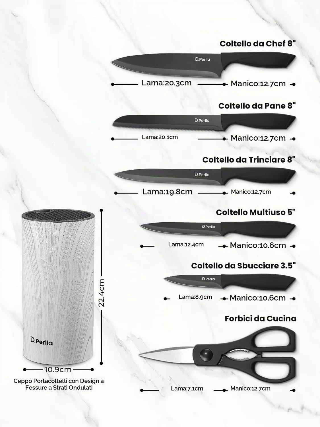 D.Perlla set coltelli cucina 7 pezzi nero acciaio inox