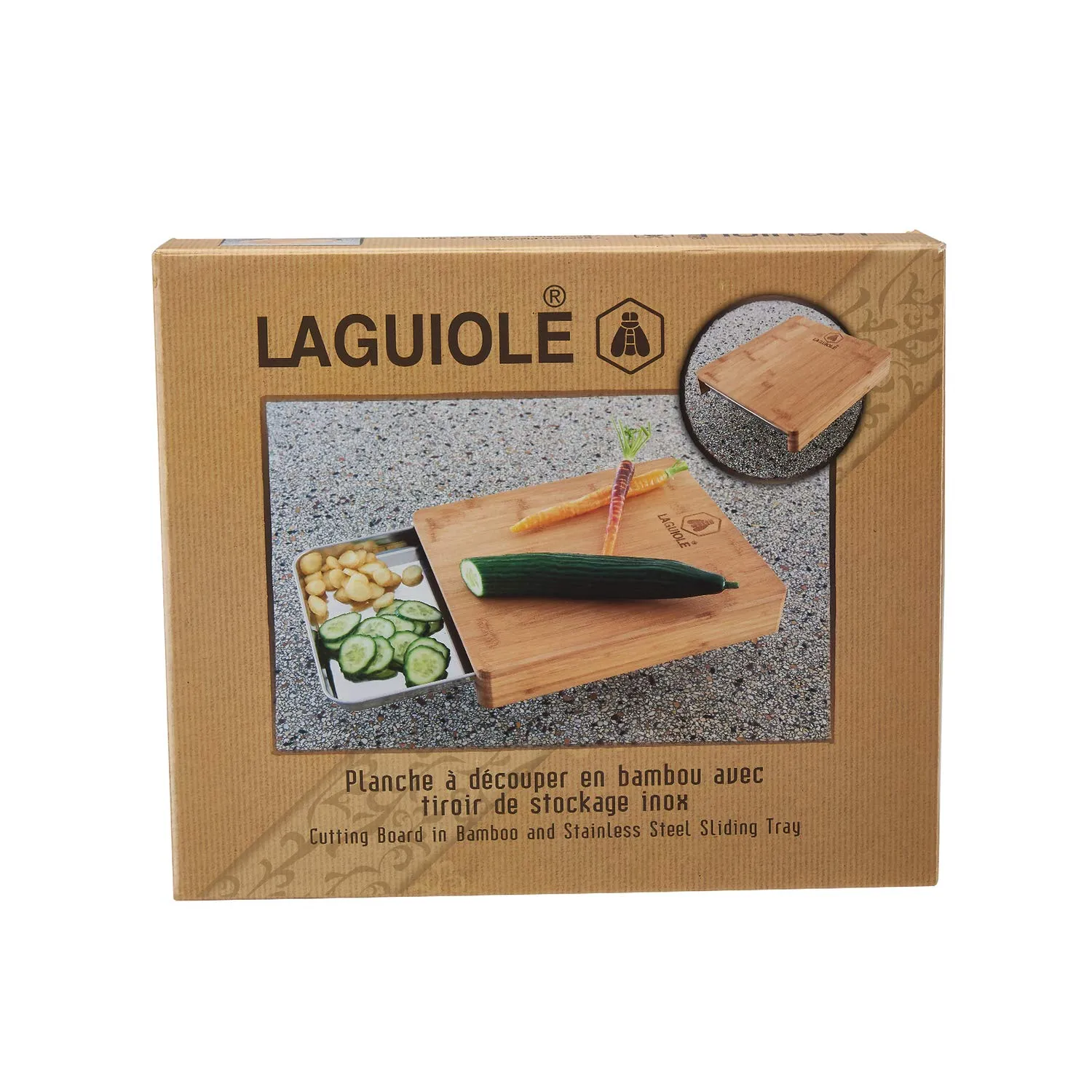 Laguiole en Aubrac tagliere bambù con cassetto acciaio 32 cm