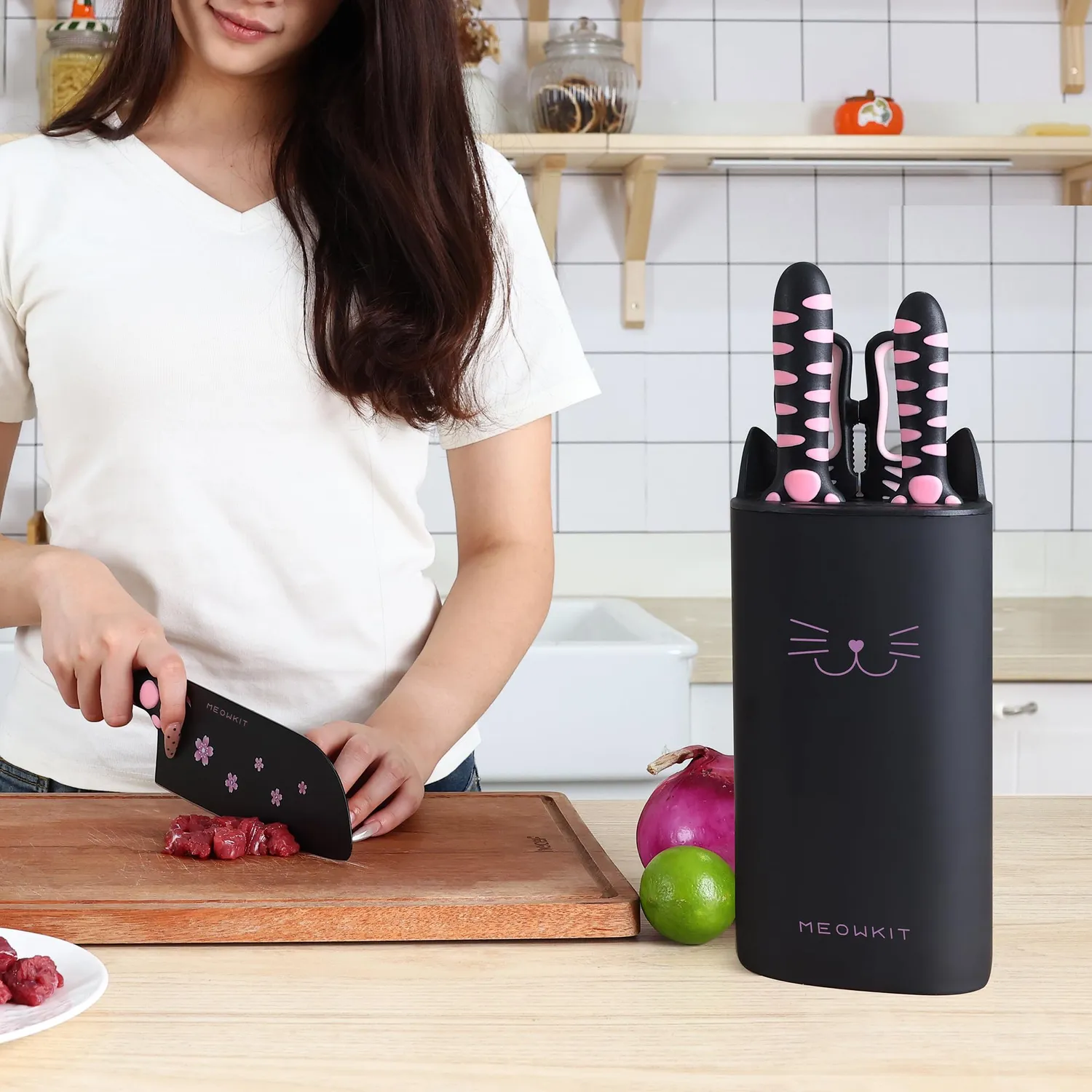 Meowkit Zampa Gatto Set Coltelli Cucina 5 Pezzi Nero-Rosa