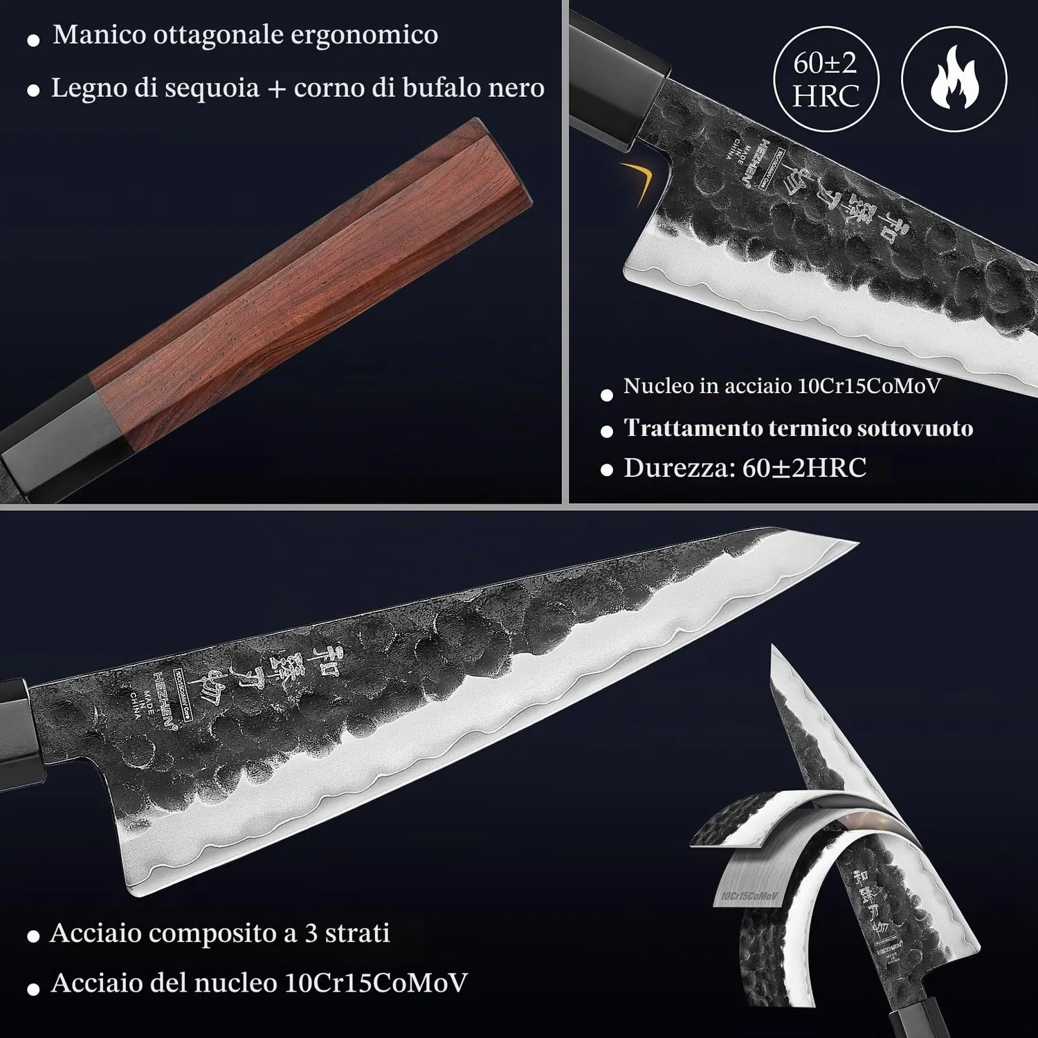 Hezhen Retro coltello spelucchino Honesuki rossonero