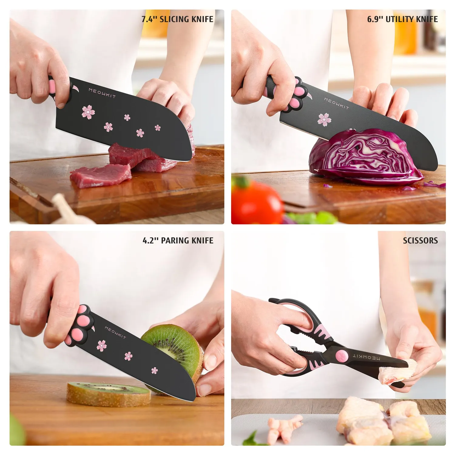 Meowkit Zampa Gatto Set Coltelli Cucina 5 Pezzi Nero-Rosa