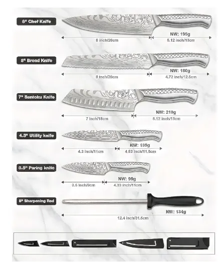 MOSFiATA Set 7 Coltelli Santoku 5Cr13MoV con Borsa Viaggio