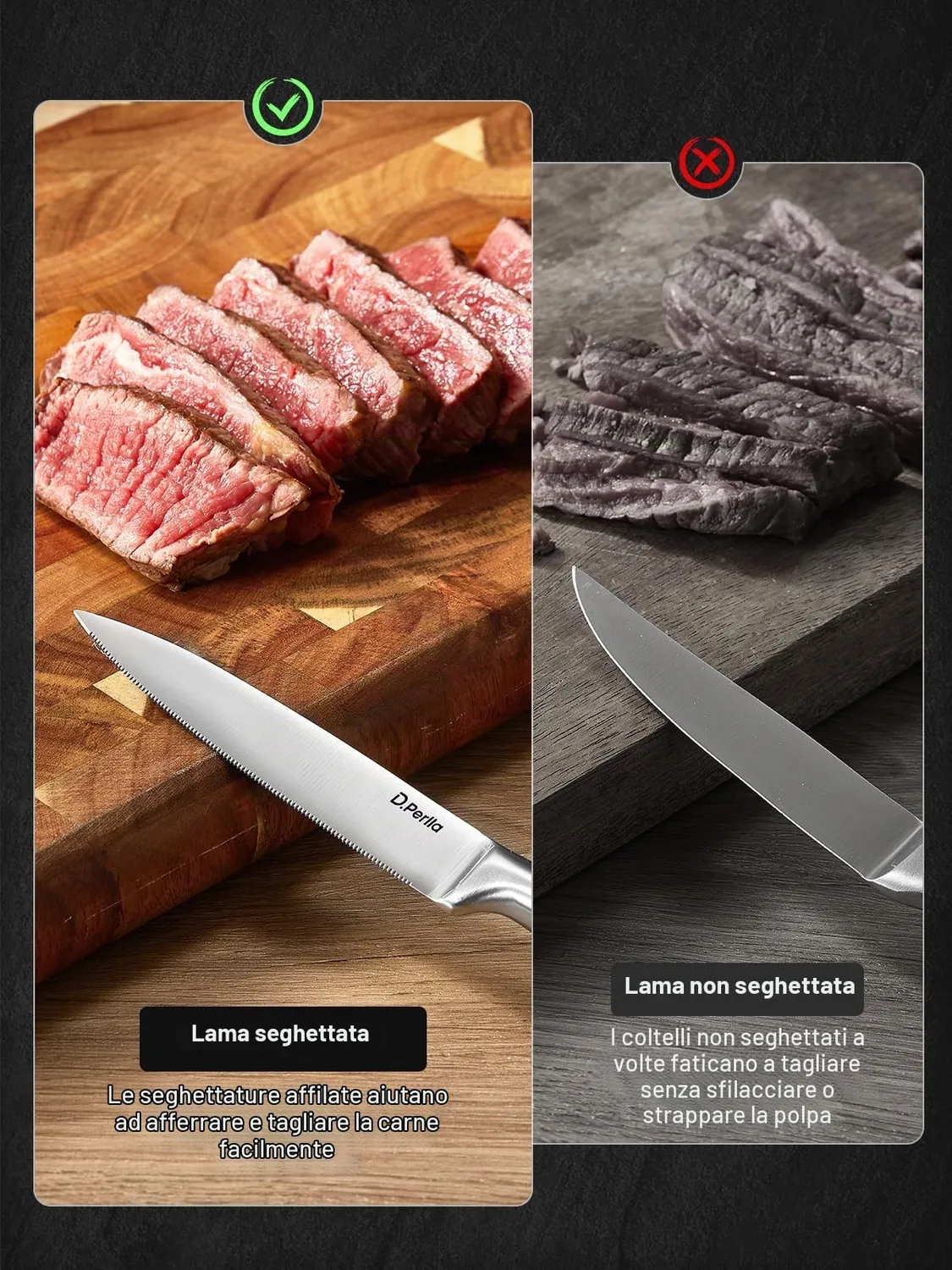 D.Perlla set coltelli bistecca 9 pezzi seghettati inox