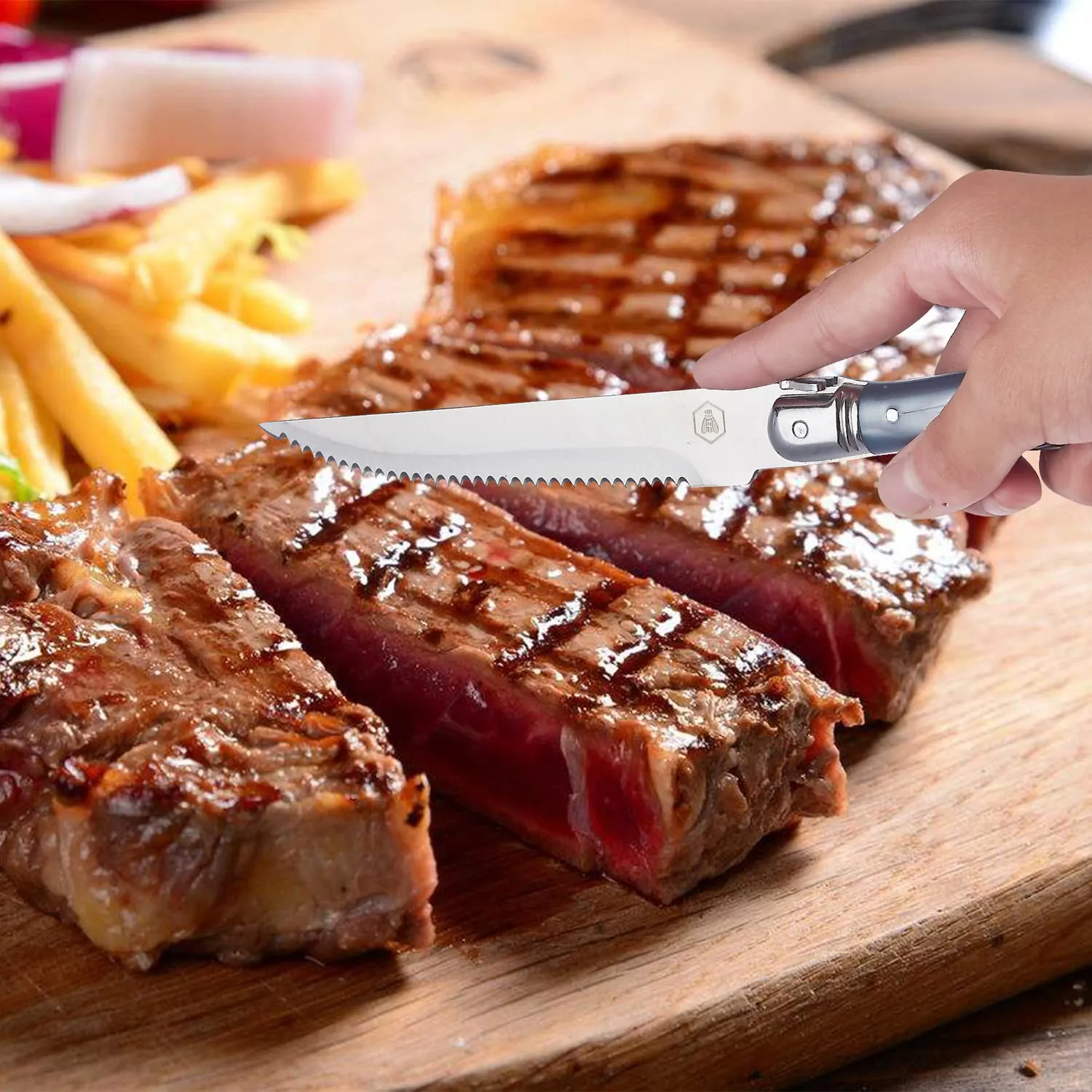 Laguiole set 6 coltelli bistecca grigi ceppo pino acciaio