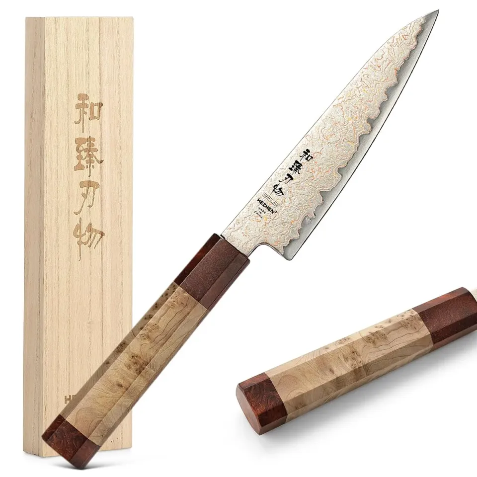 Hezhen Coltello Universale Damasco 14 cm Legno Scatola