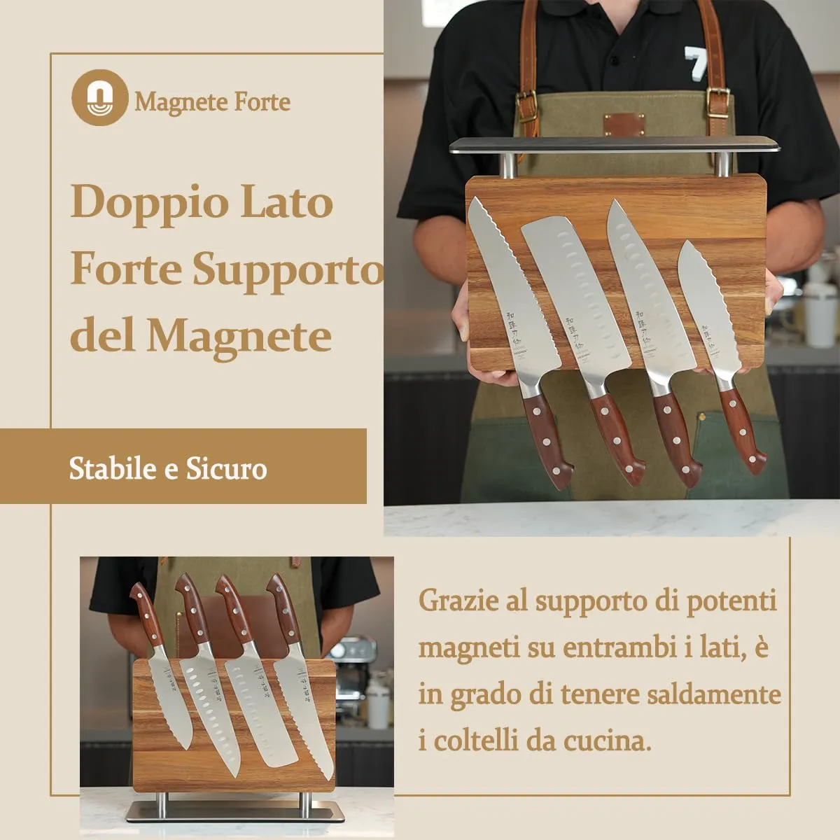 Hezhen ceppo portacoltelli magnetico girevole acacia doppia faccia