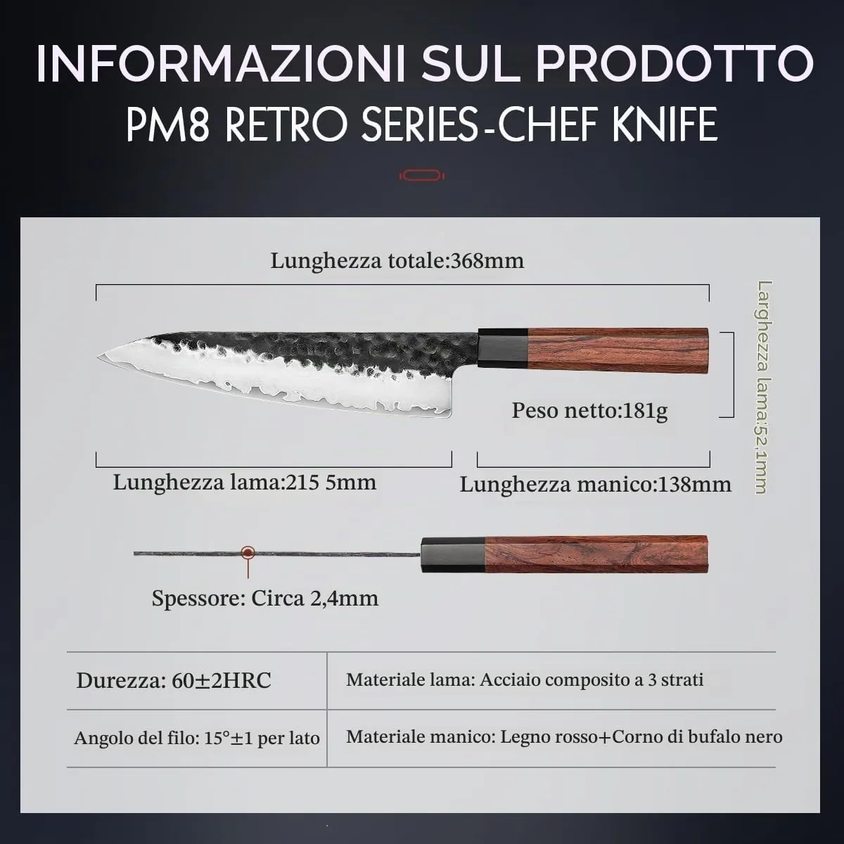 Hezhen Retro coltello da chef con fodero acciaio carbonio