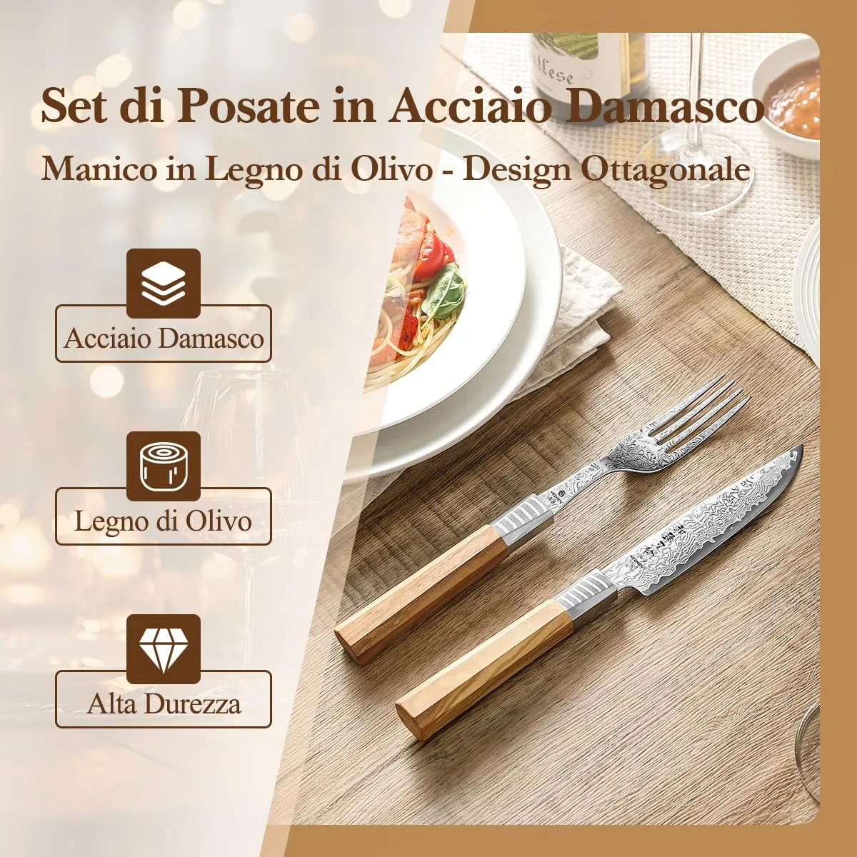 HEZHEN Damasco Set Bistecca Coltello e Forchetta Ulivo