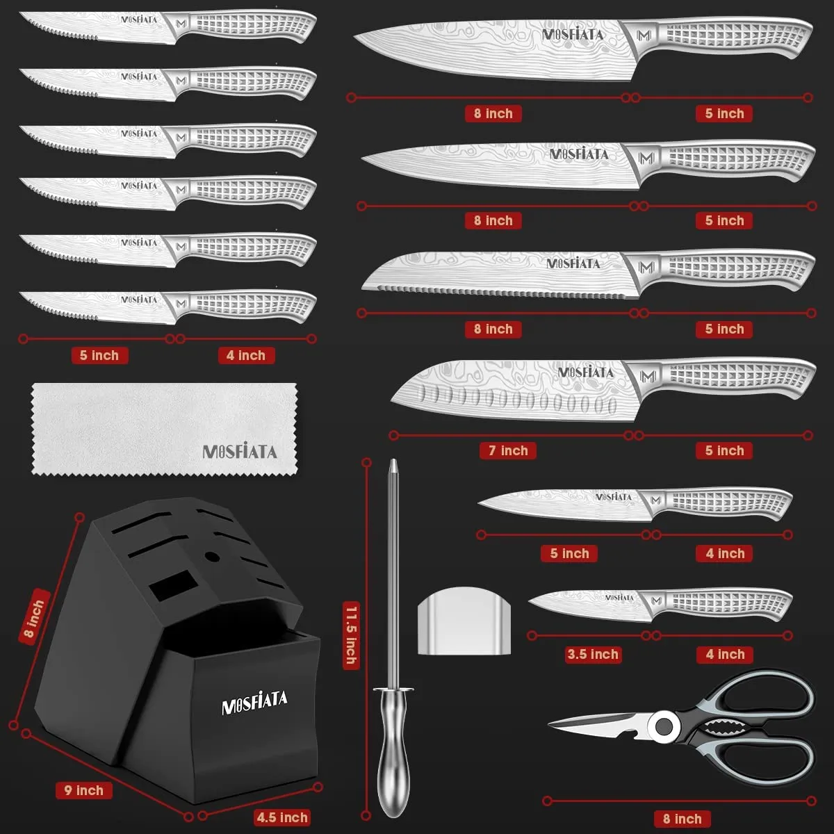 MOSFiATA set coltelli cucina 17 pezzi ceppo acciaio inox