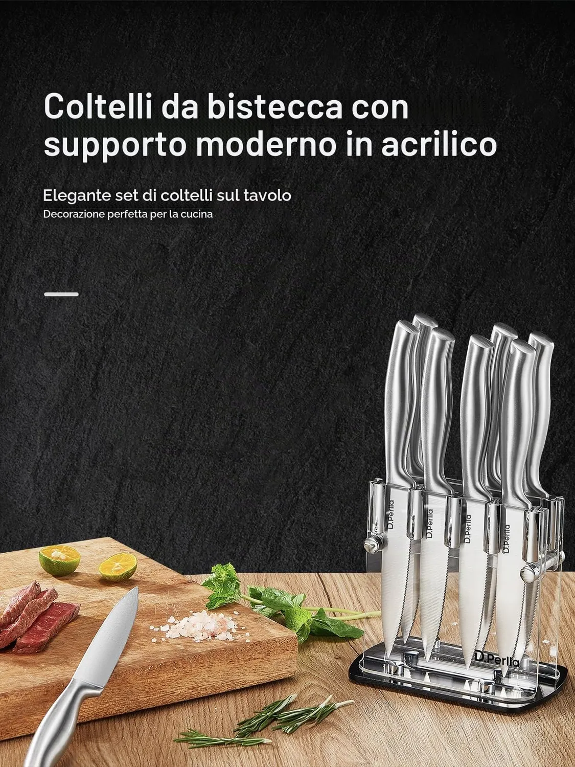 D.Perlla set coltelli bistecca 9 pezzi seghettati inox