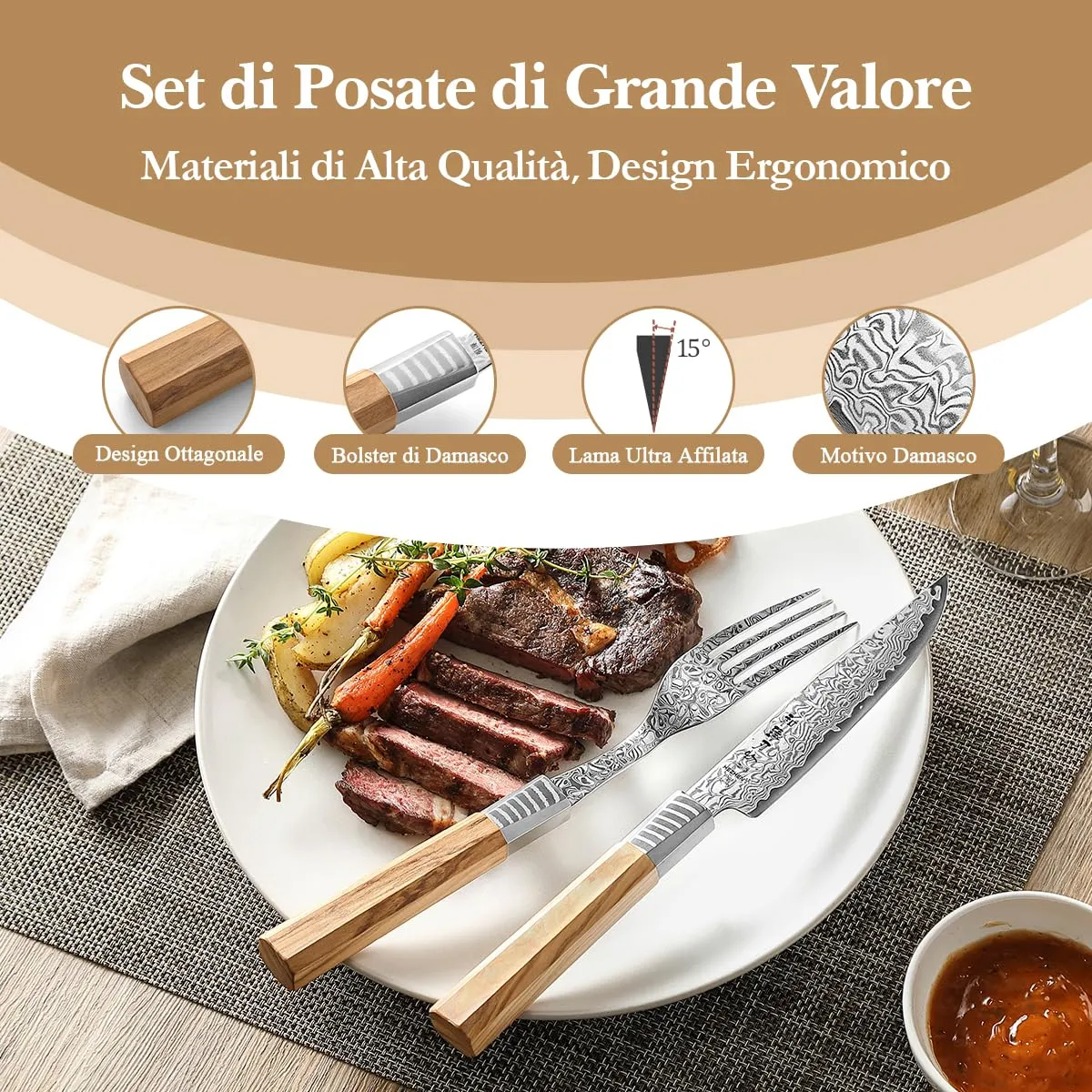 HEZHEN Damasco Set Bistecca Coltello e Forchetta Ulivo