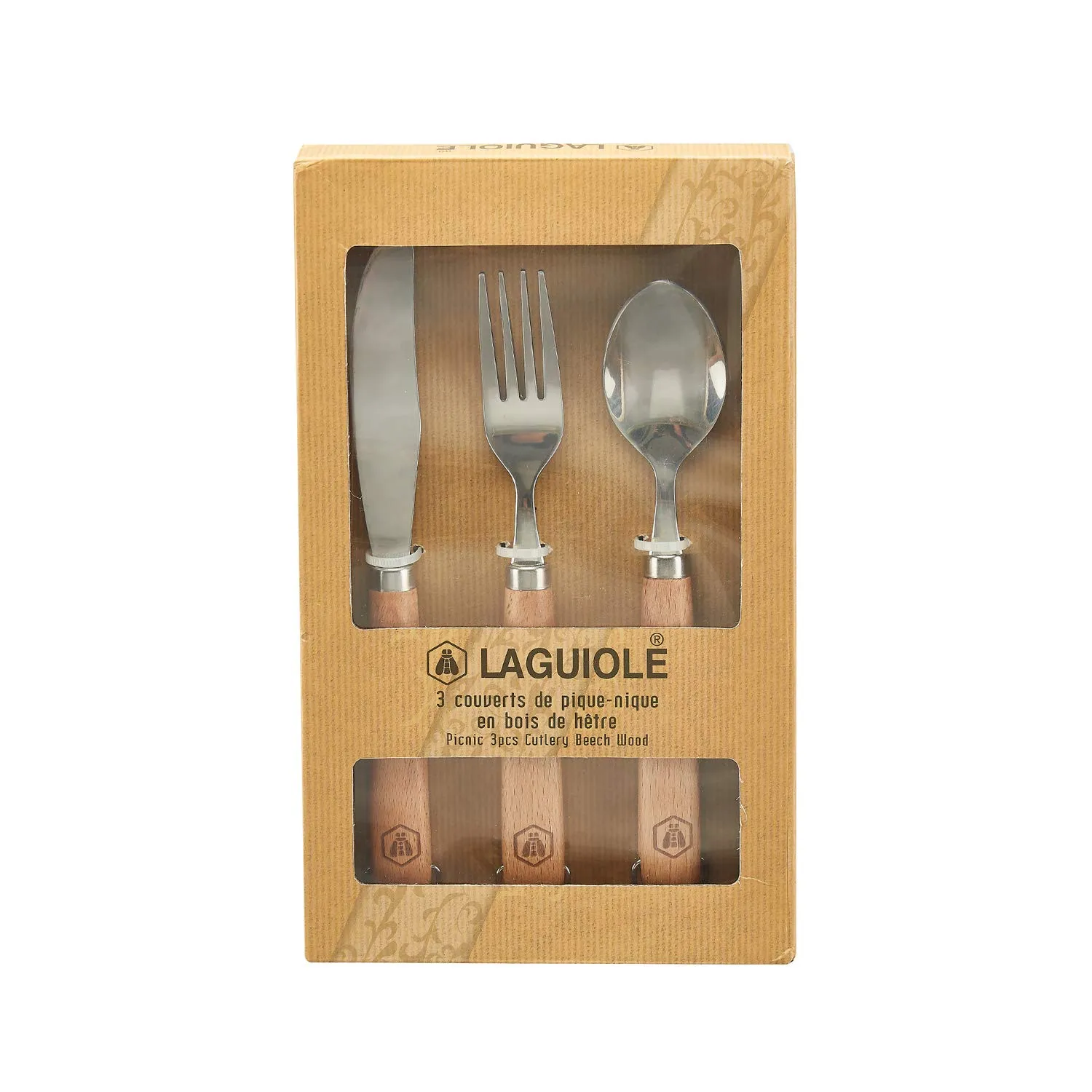 Laguiole en Aubrac set posate picnic 3 pezzi legno faggio