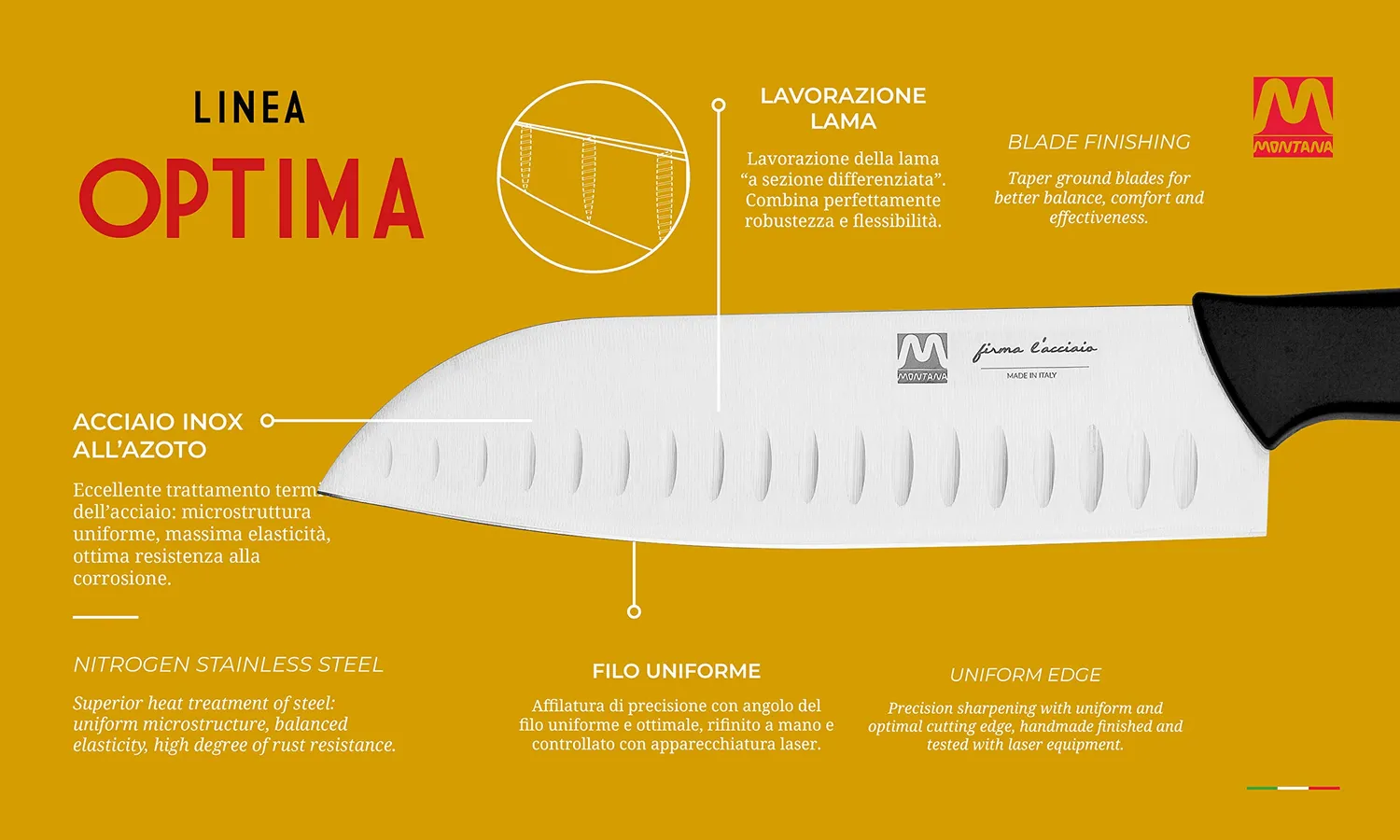 Montana Optima Coltello Santoku Alveolato 18 cm