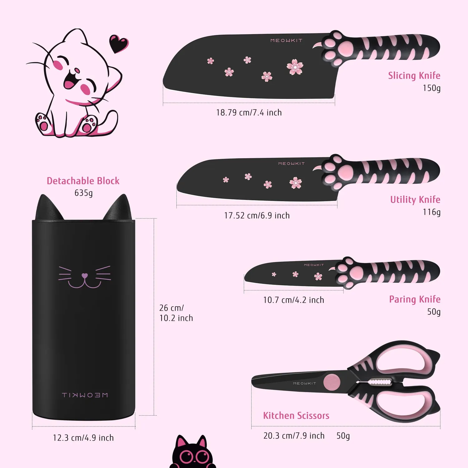 Meowkit Zampa Gatto Set Coltelli Cucina 5 Pezzi Nero-Rosa